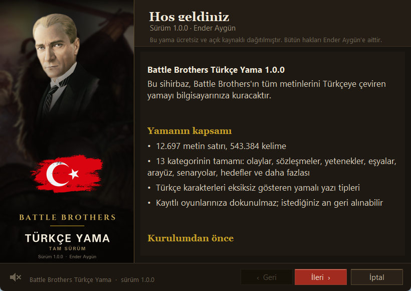 Battle Brothers Türkçe yama kurulum sihirbazı hoş geldiniz ekranı