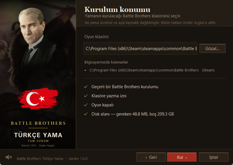 Battle Brothers Türkçe yama kurulum konumu seçimi