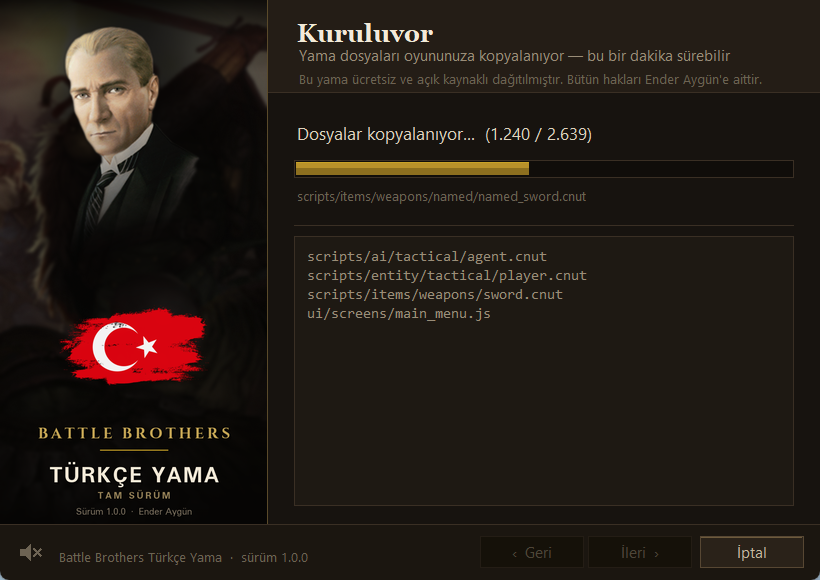 Battle Brothers Türkçe yama kurulum ilerlemesi