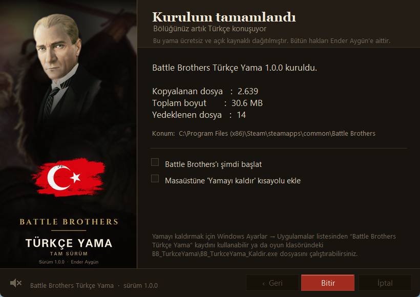 Battle Brothers Türkçe yama kurulum tamamlandı ekranı