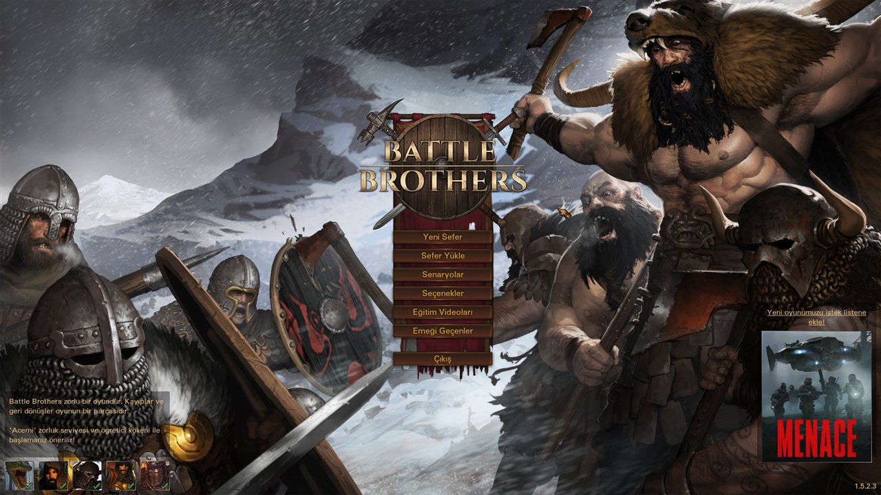 Battle Brothers ana menüsü Türkçe: Yeni Sefer, Sefer Yükle, Senaryolar, Seçenekler