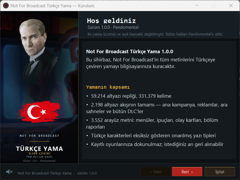 Not For Broadcast Türkçe yama kurulum sihirbazı hoş geldiniz ekranı