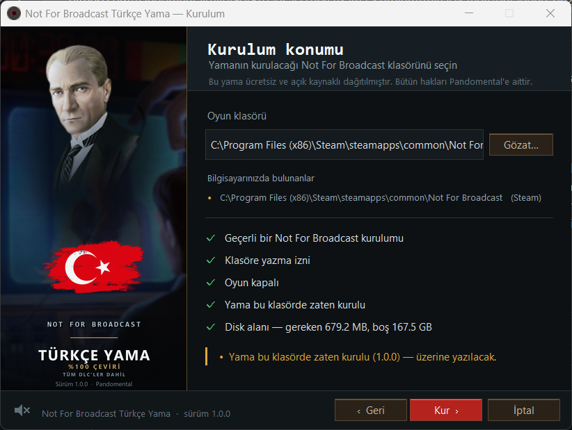 Not For Broadcast Türkçe yama kurulum konumu seçimi